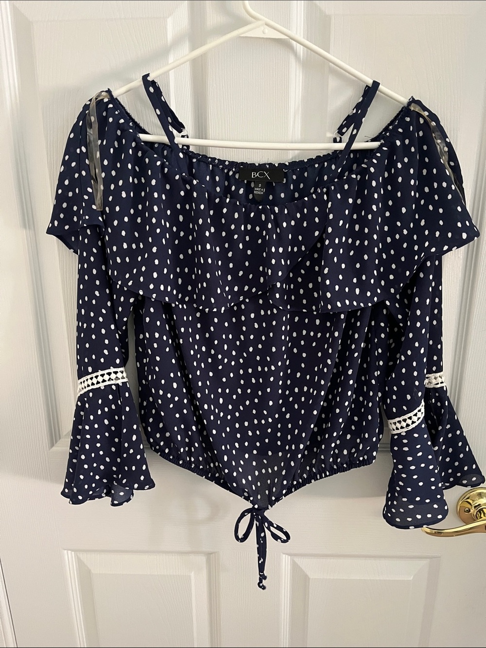 BCX Navy and White Polka Dot Off-Shoulder Ruffle Blouse